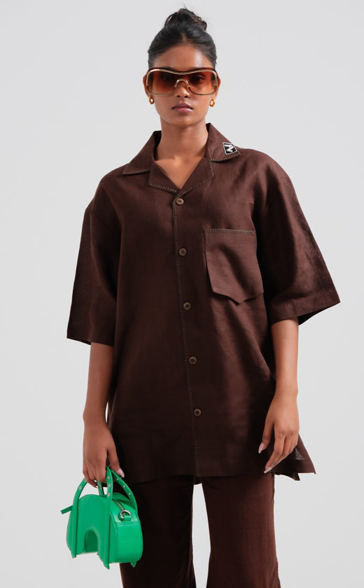 Yarn Dyed Brown Linen Shirt (Unisex)