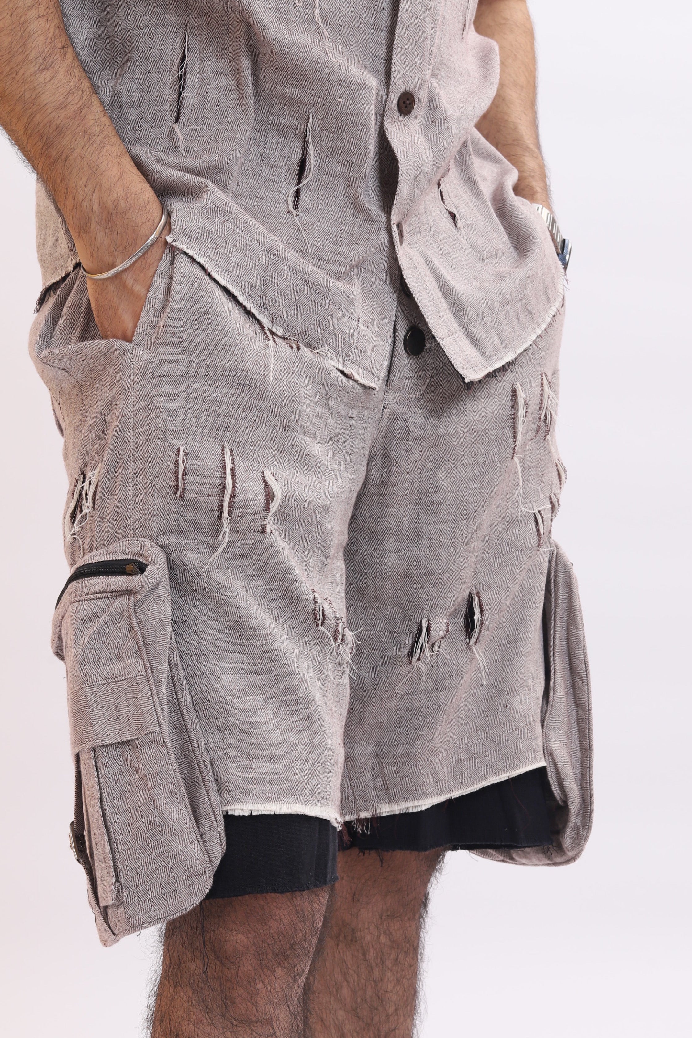 Distressed red check handmade unisex combat jorts