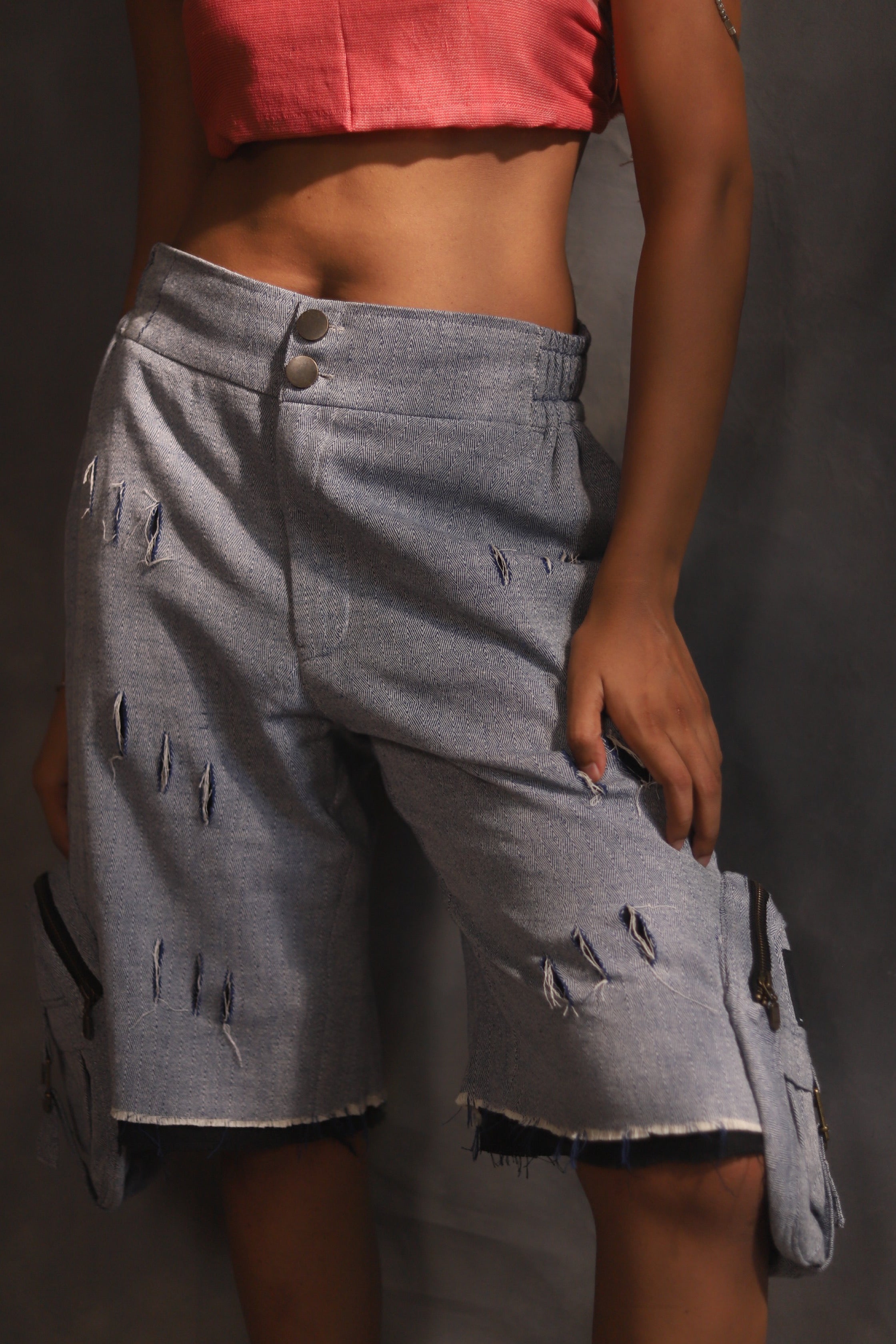 Handwoven blue textured unisex cargo shorts