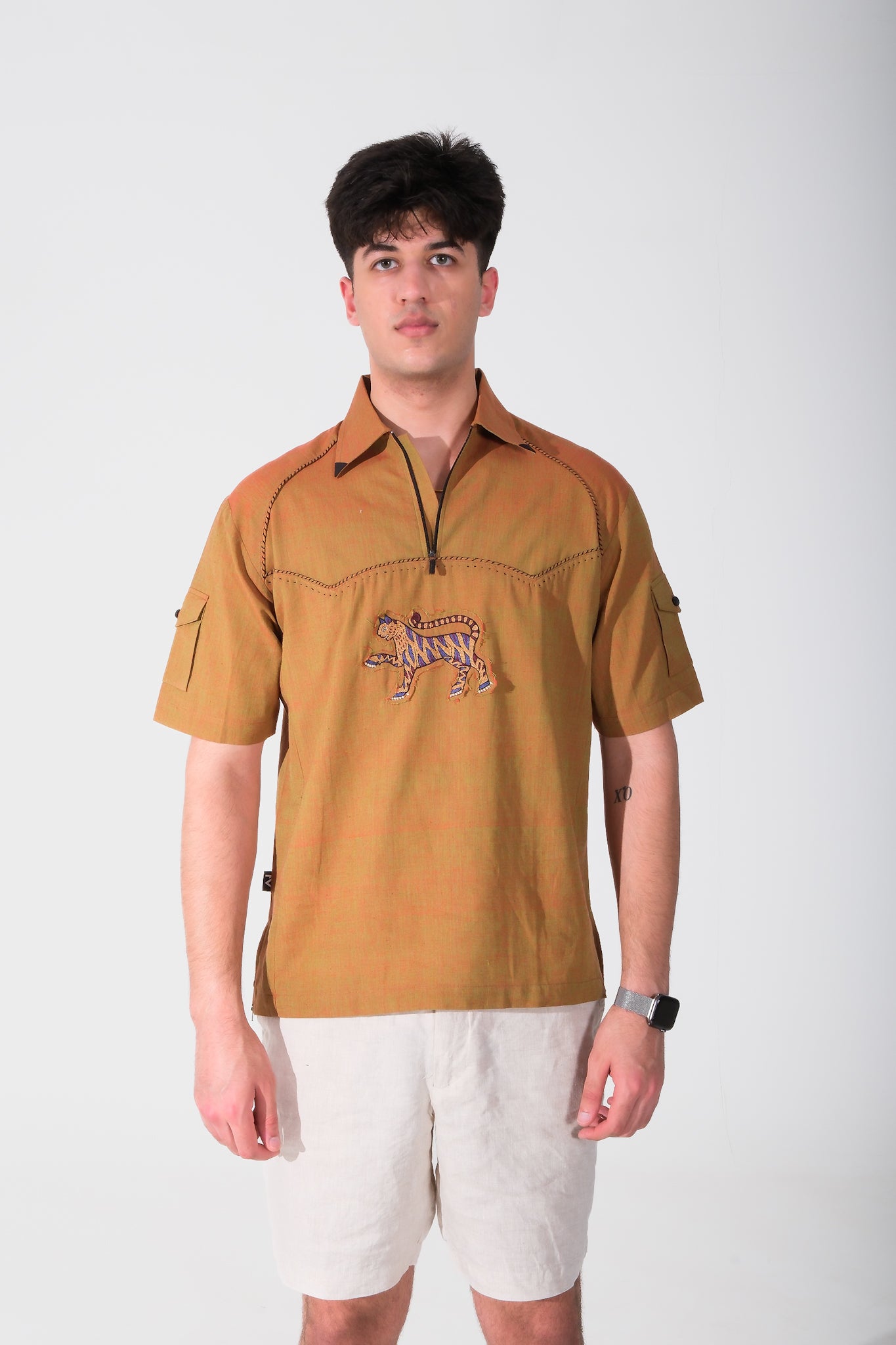 Quarter zip hand embroidery patch shirt (unisex)