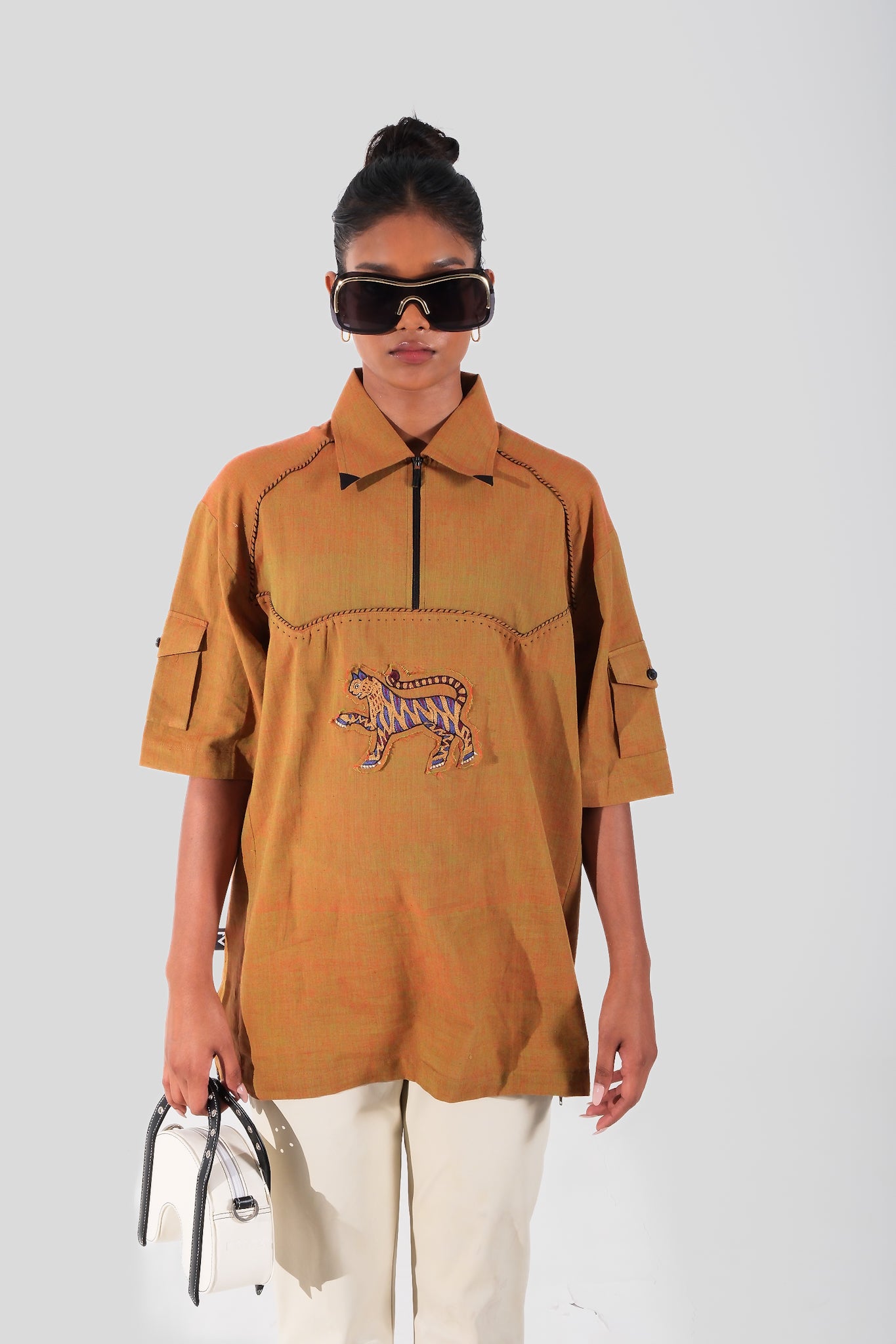 Quarter zip hand embroidery patch shirt (unisex)