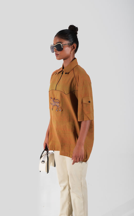 Quarter zip hand embroidery patch shirt (unisex)