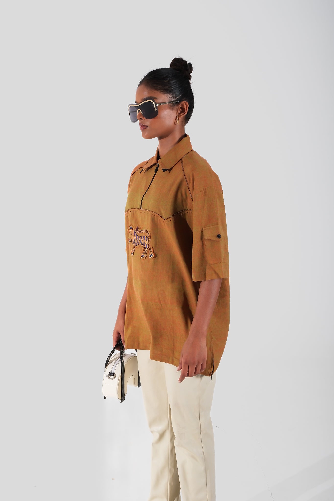 Quarter zip hand embroidery patch shirt (unisex)