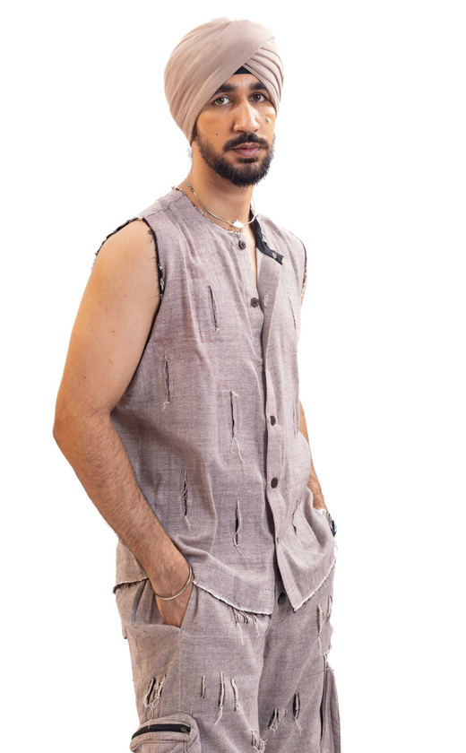 Red check handwoven distressed sleeveless shirt