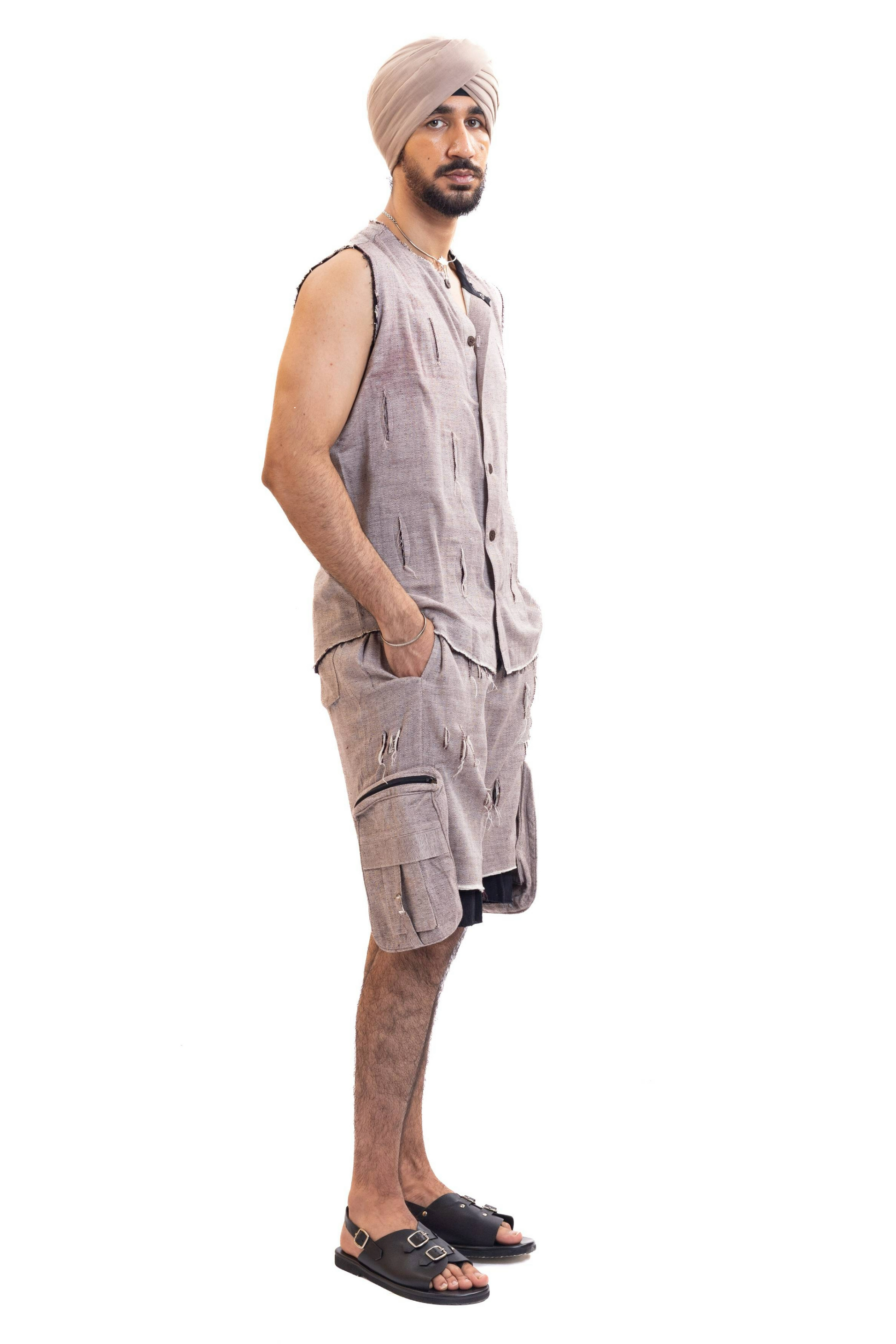 Distressed red check handmade unisex combat jorts