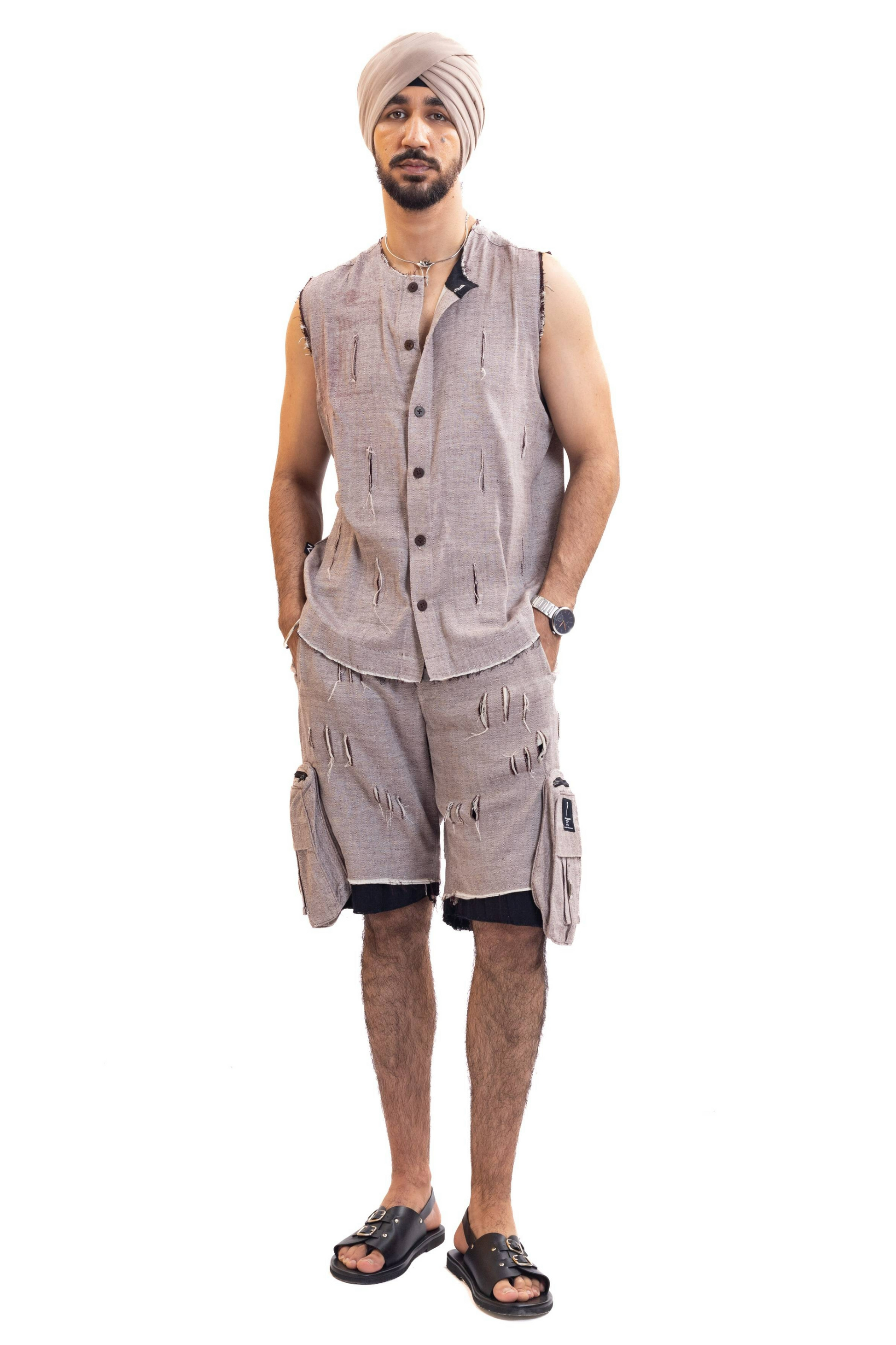 Distressed red check handmade unisex combat jorts