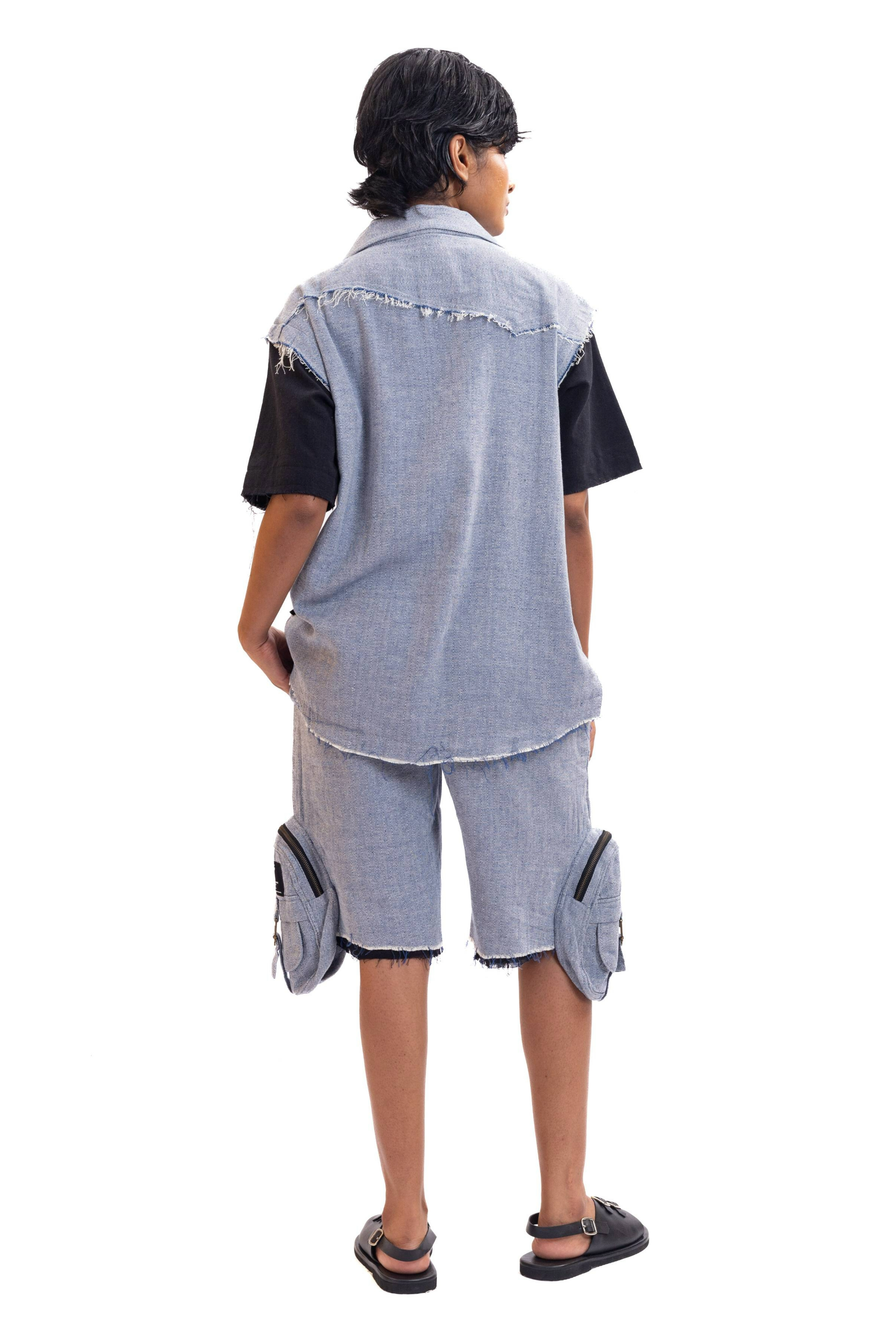 Handwoven blue textured unisex cargo shorts