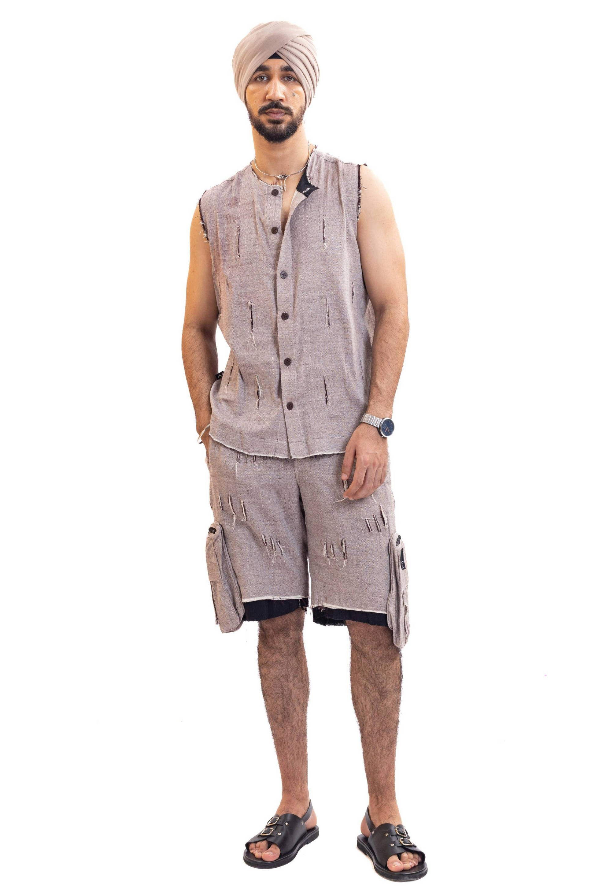 Distressed red check handmade unisex combat jorts