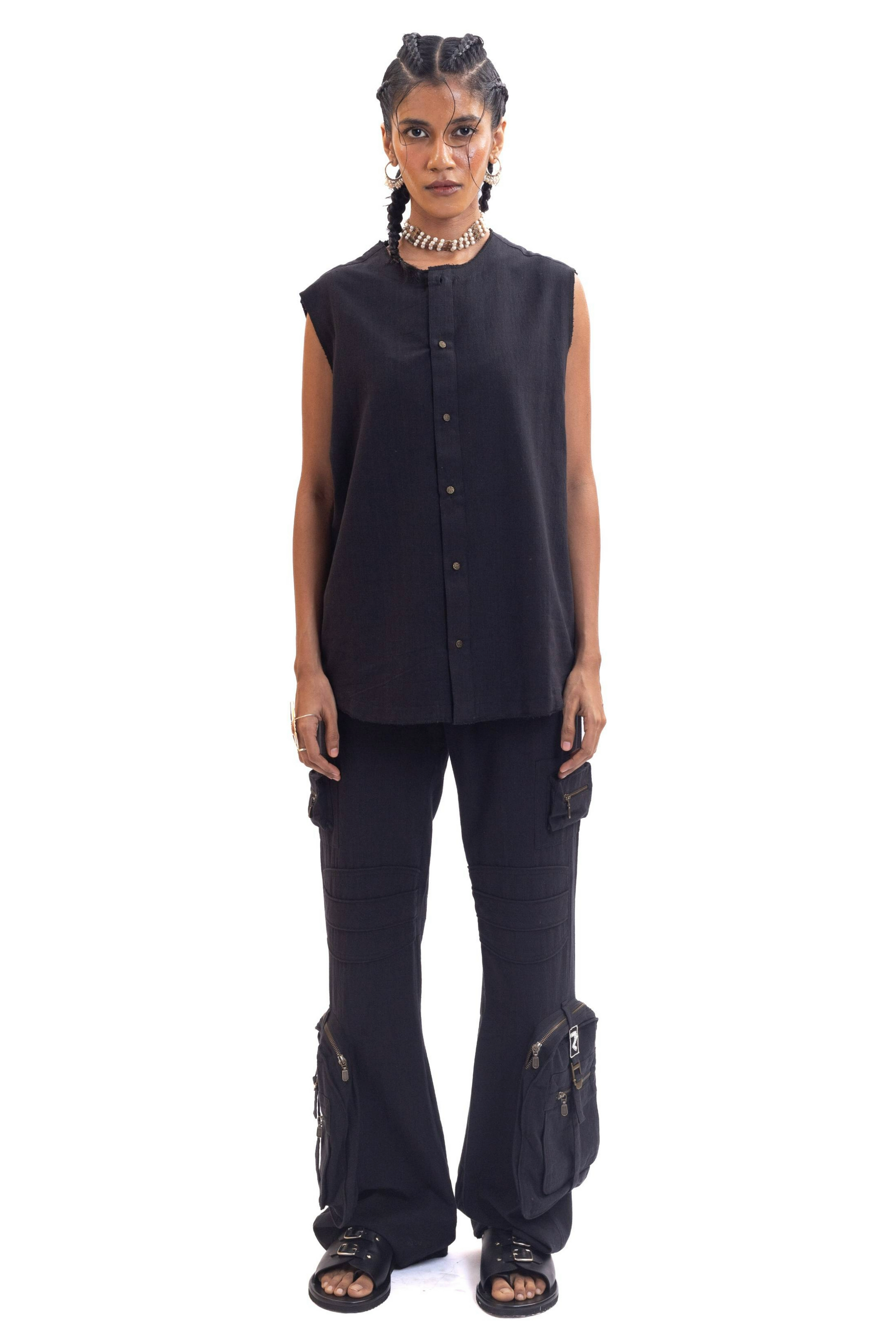 Black organic cotton handwoven cargo pants
