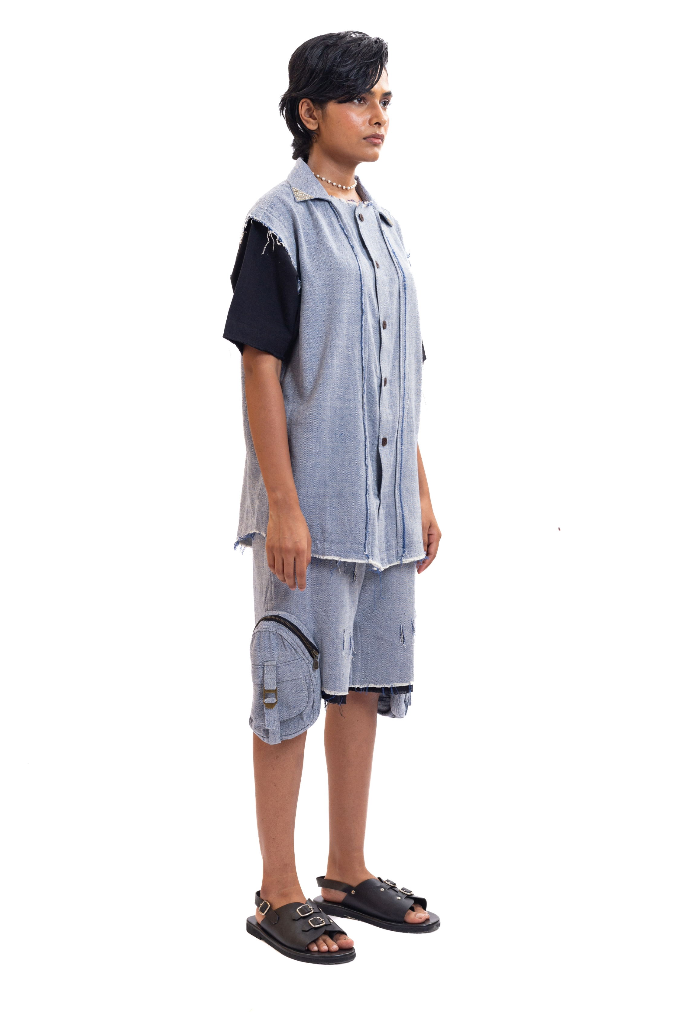 Handwoven blue textured unisex cargo shorts