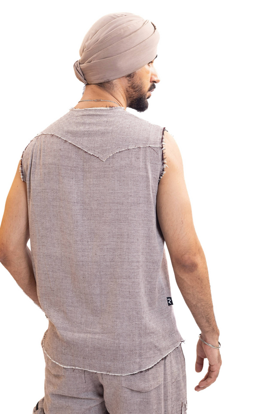 Red check handwoven distressed sleeveless shirt