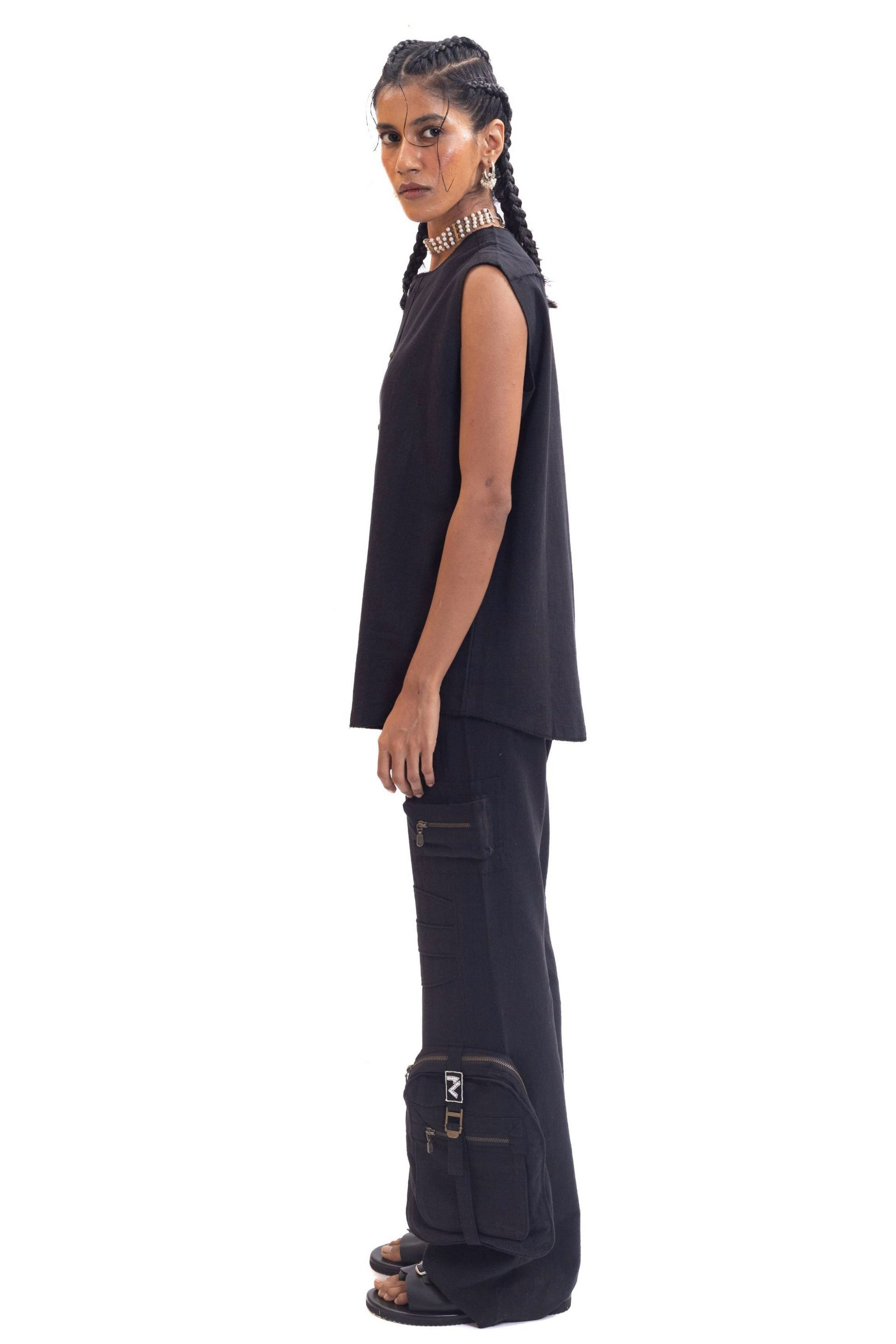 Black organic cotton handwoven cargo pants