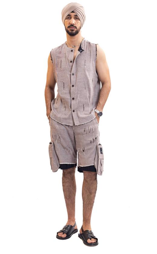 Red check handwoven distressed sleeveless shirt