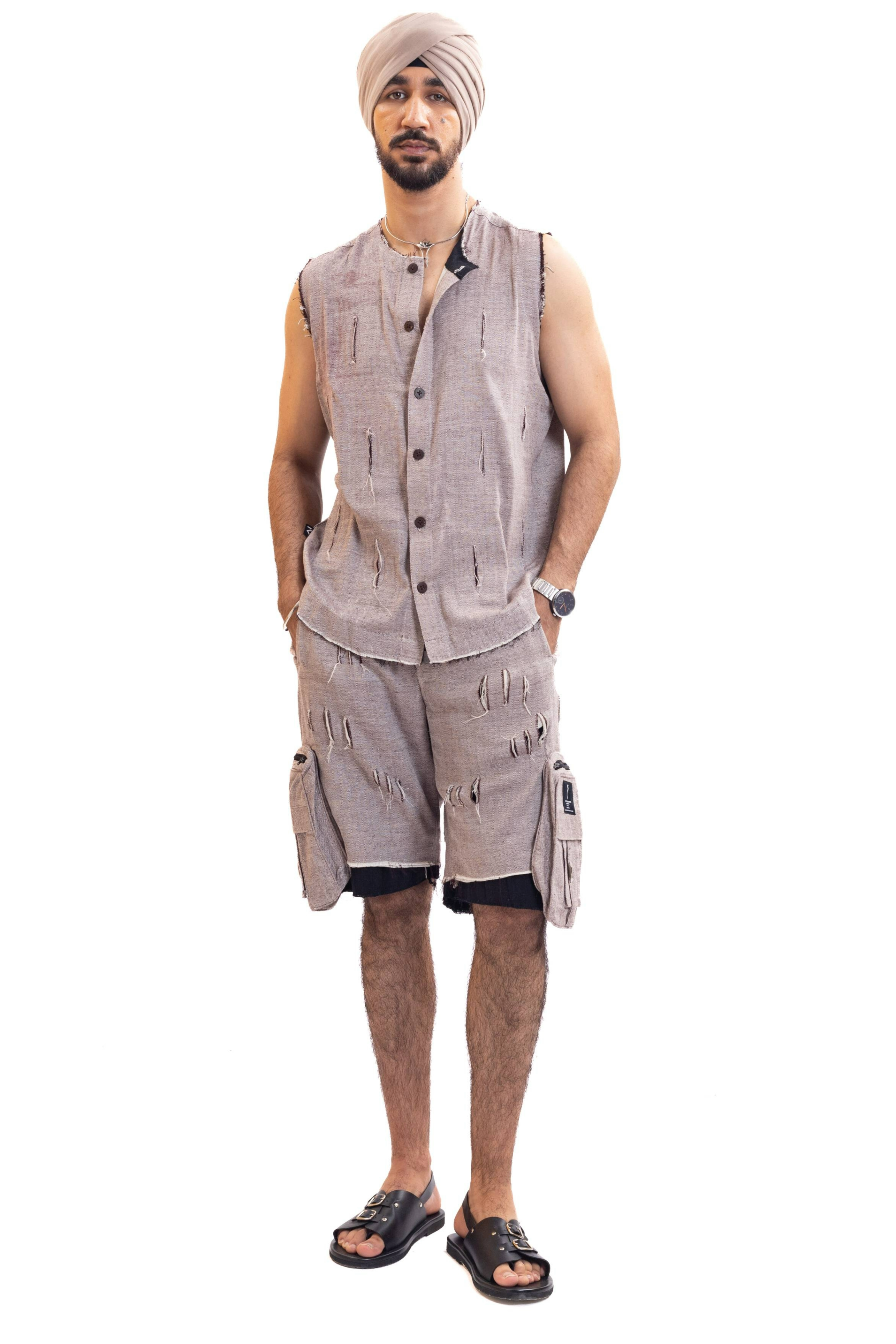 Red check handwoven distressed sleeveless shirt