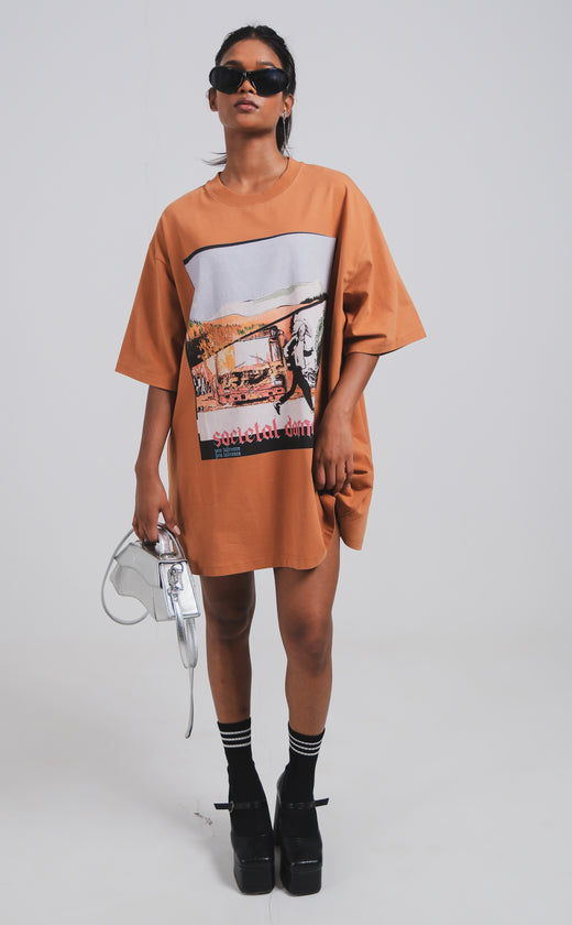 SOCIETAL DAMAGE VINTAGE BROWN OVERSIZED T-SHIRT