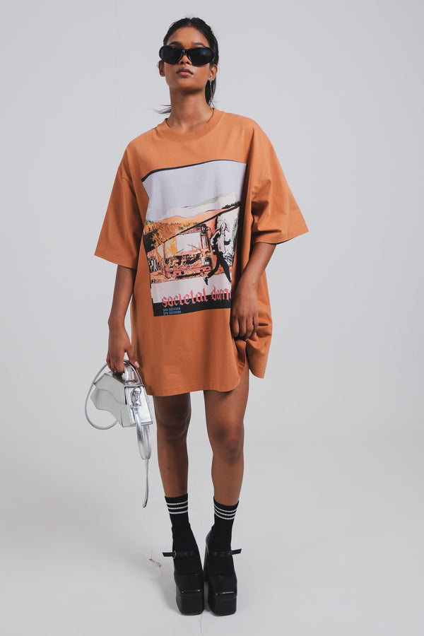 SOCIETAL DAMAGE VINTAGE BROWN OVERSIZED T-SHIRT