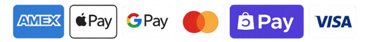 Logos of various payment methods including AMEX, Apple Pay, Google Pay, Mastercard, PayPal, and Visa.
