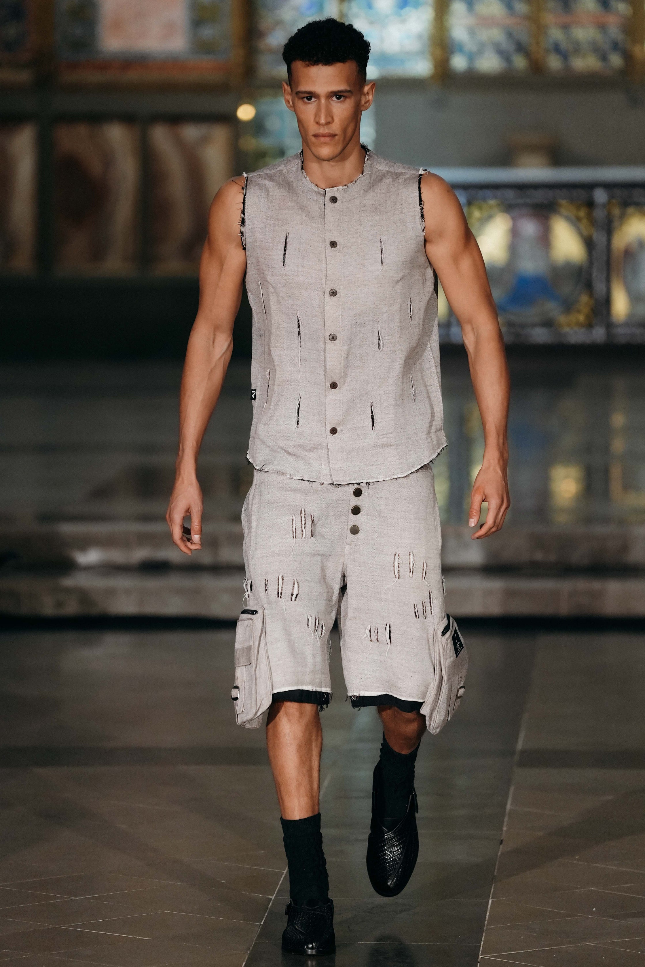 Distressed red check handmade unisex combat jorts