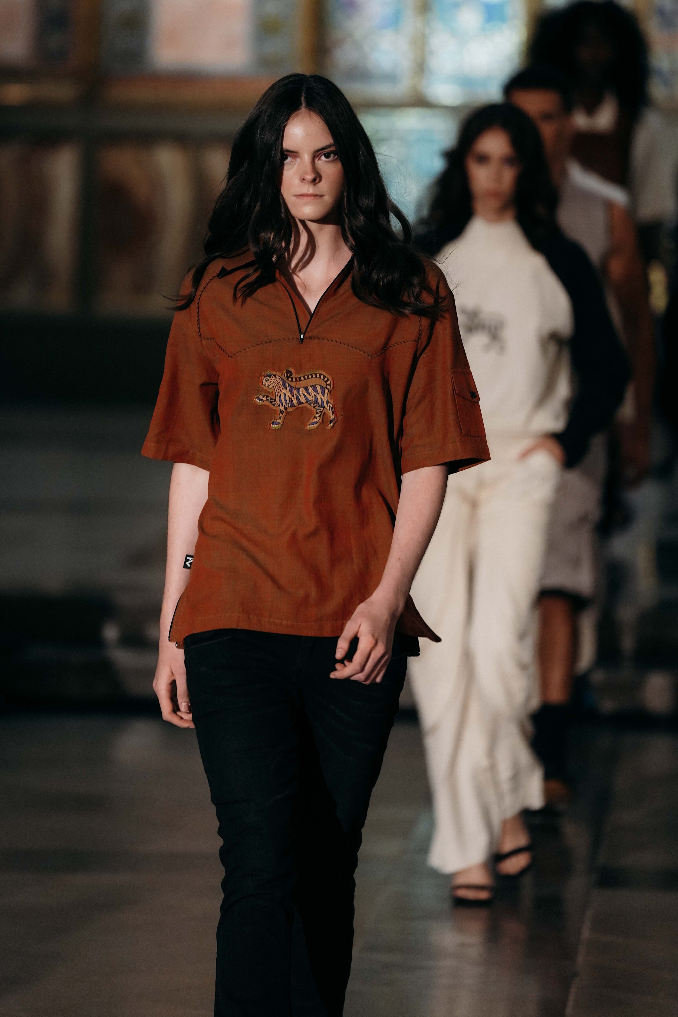 Lion patch handwoven quarter-zip unisex shirt