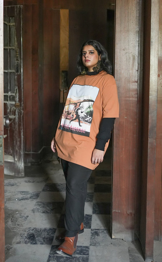 SOCIETAL DAMAGE VINTAGE BROWN OVERSIZED T-SHIRT